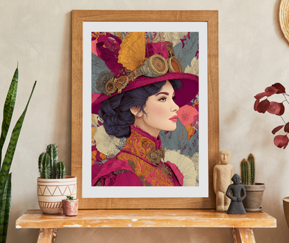 Vibrant Steampunk Lady Jigsaw Puzzle – Artistic Floral Background and Vintage Gear Hat Puzzle The Puzzle Chest