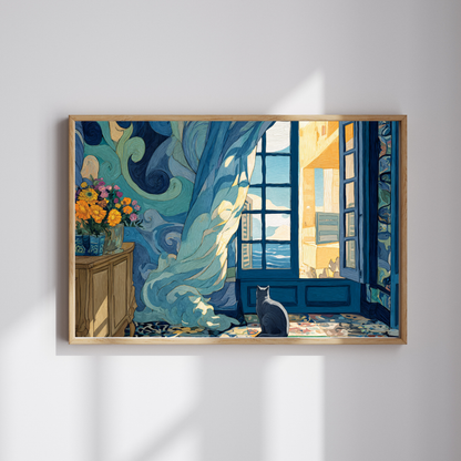 Cat and the Blue Window – Serene Fauvist Jigsaw Puzzle, Animal Theme Seaside Kitten Puzzle, Matisse-Inspired Puzzle The Puzzle Chest
