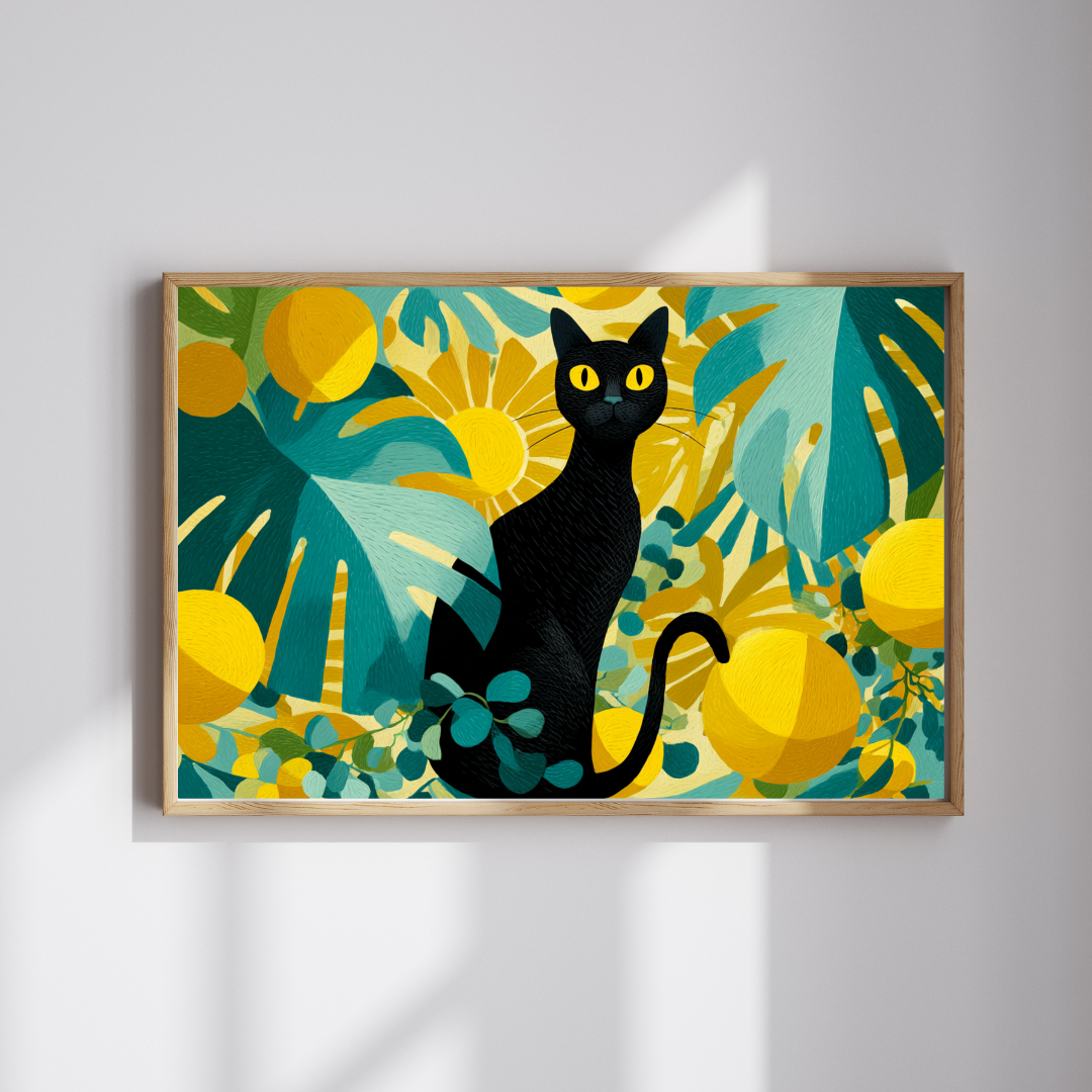 Cat with Tropical Leaves – Vibrant Fauvist Jigsaw Puzzle, Animal Theme Jungle Mystical Black Cat Art Puzzle Puzzle The Puzzle Chest
