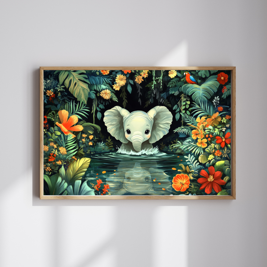 Baby Elephant in Jungle Puzzle | Floral Tropical Scene 110-1014pc Puzzle The Puzzle Chest