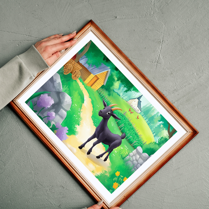 Black Goat Illustration Puzzle | Countryside Farm Scene Jigsaw Puzzle The Puzzle Chest