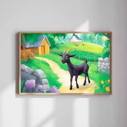 Black Goat Illustration Puzzle | Countryside Farm Scene Jigsaw Puzzle The Puzzle Chest
