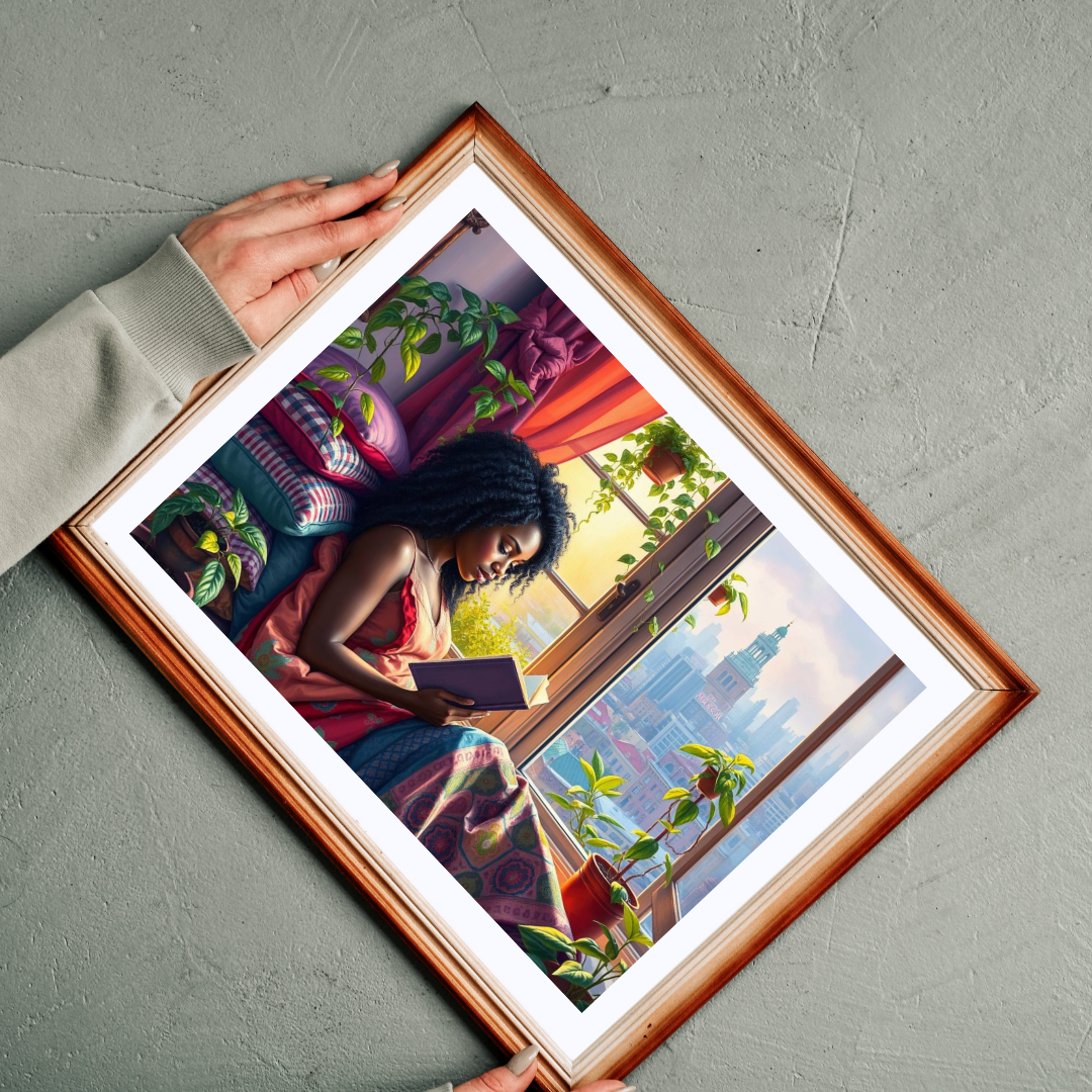 Black Woman Reading by Window Puzzle | Cozy Booklover Jigsaw Puzzle, City View