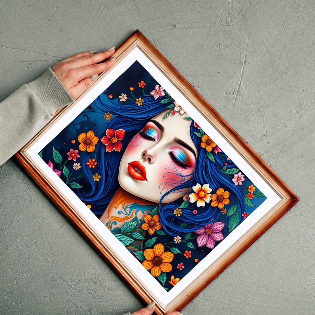 Floral Blue-Haired Woman Puzzle | Vibrant Portrait Jigsaw