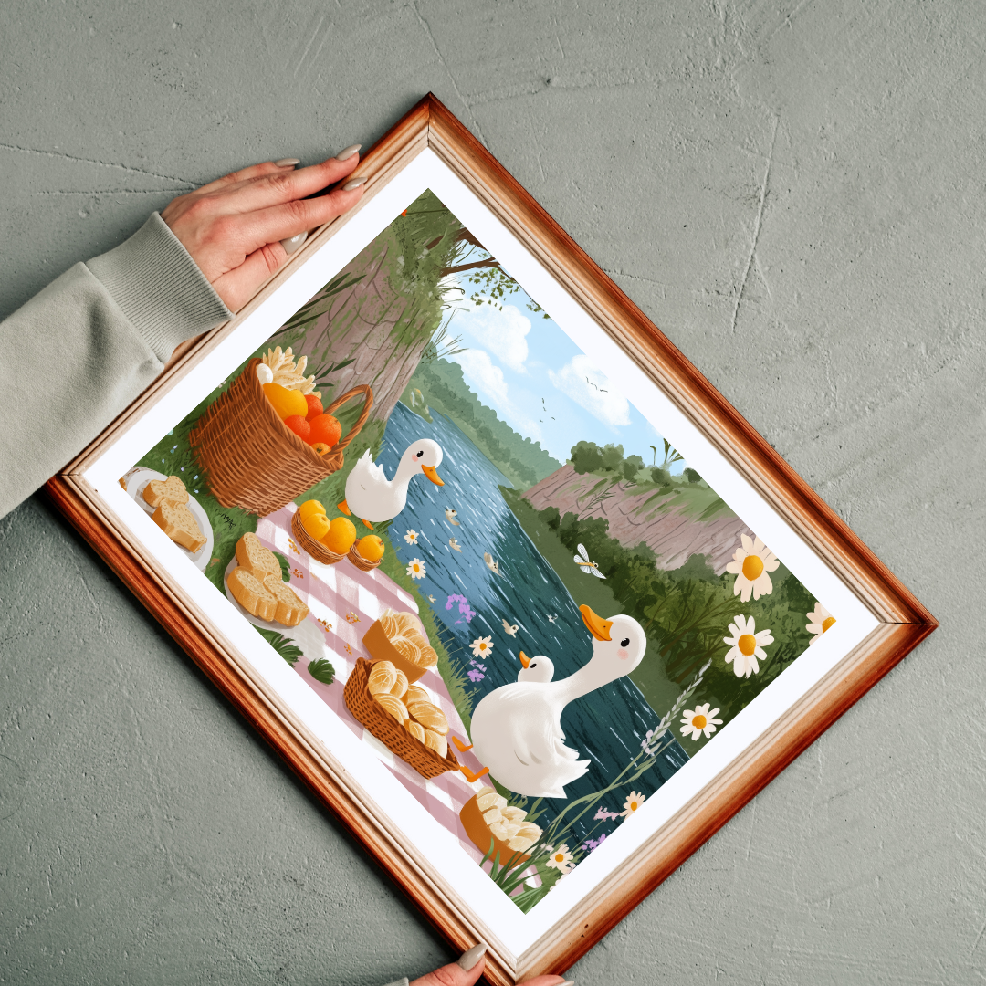 Duck Picnic Jigsaw Puzzle | Scenic Riverbank Farm Animal Illustration Puzzle The Puzzle Chest