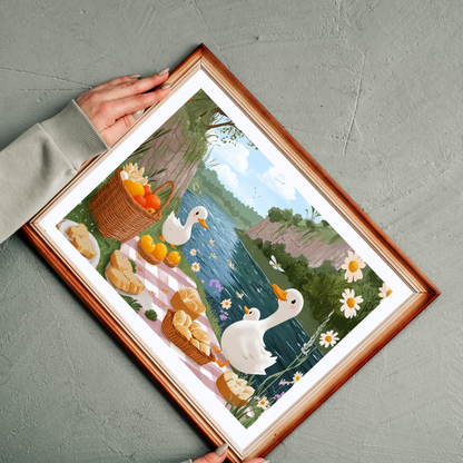 Duck Picnic Jigsaw Puzzle | Scenic Riverbank Farm Animal Illustration Puzzle The Puzzle Chest