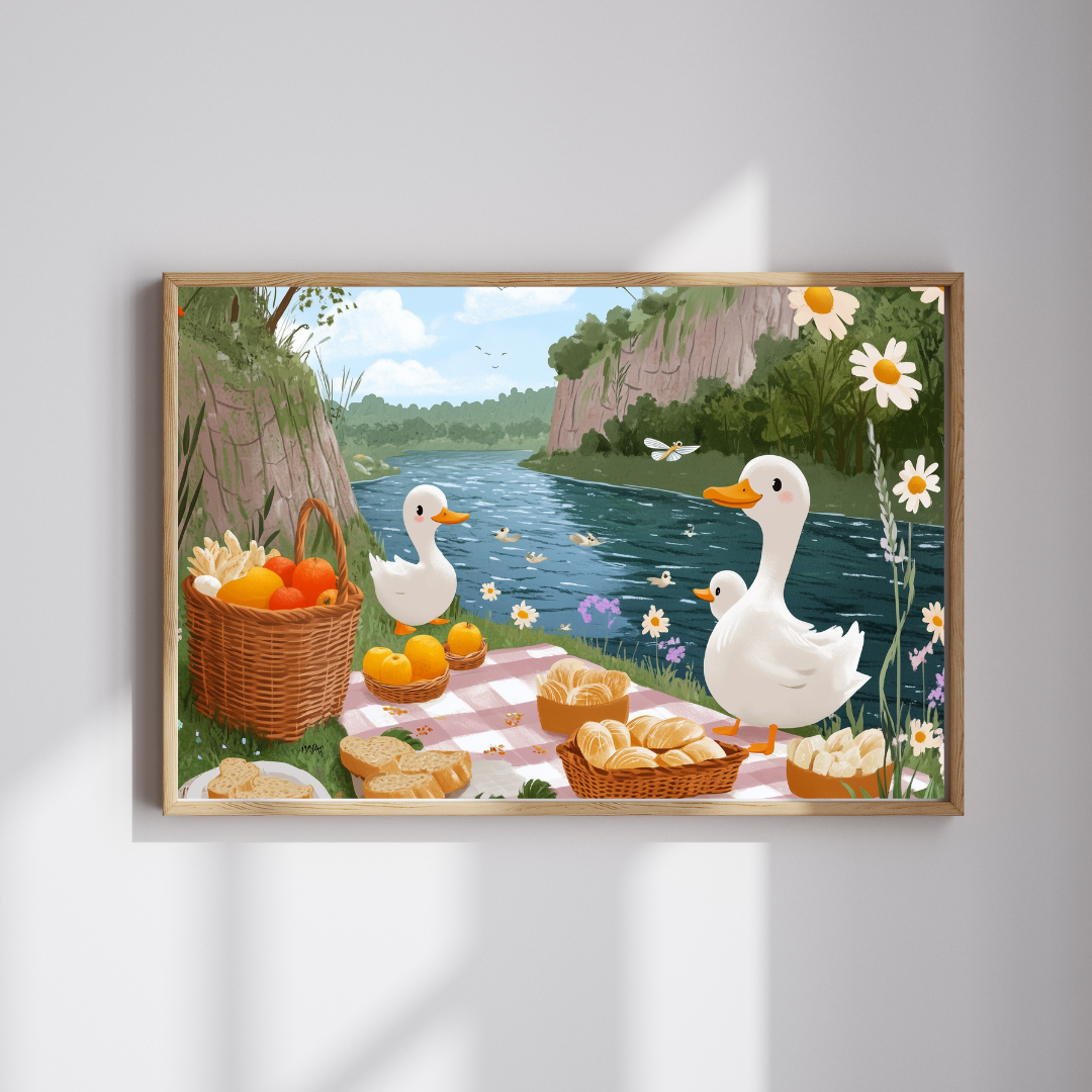 Duck Picnic Jigsaw Puzzle | Scenic Riverbank Farm Animal Illustration Puzzle The Puzzle Chest