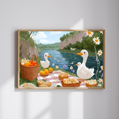 Duck Picnic Jigsaw Puzzle | Scenic Riverbank Farm Animal Illustration Puzzle The Puzzle Chest