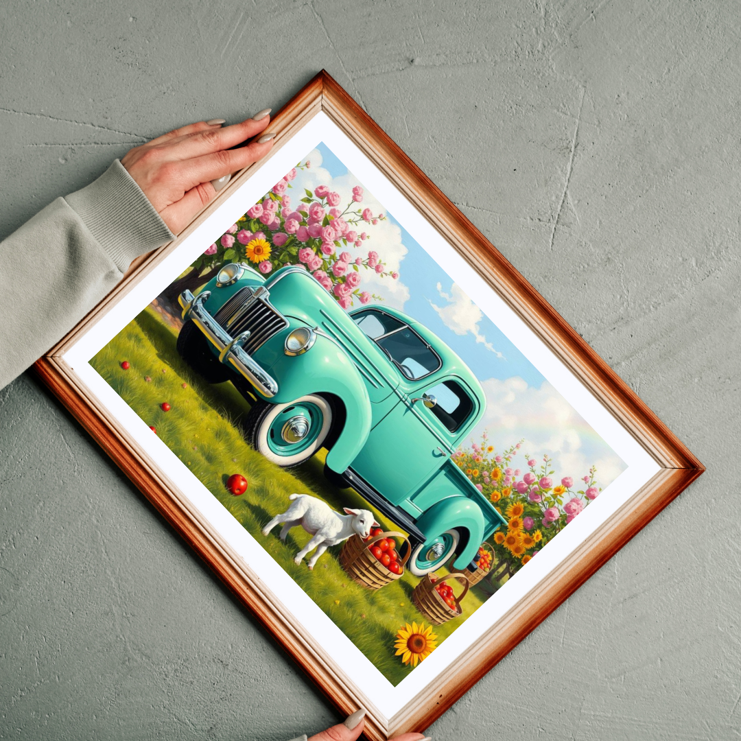 Vintage Teal Pickup Truck Puzzle — Spring Lamb & Flower Farm Jigsaw (110–1014 pcs) Puzzle The Puzzle Chest