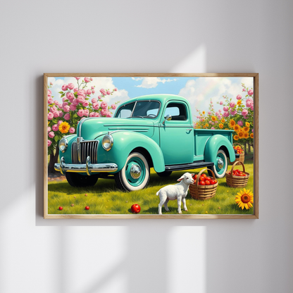 Vintage Teal Pickup Truck Puzzle — Spring Lamb & Flower Farm Jigsaw (110–1014 pcs) Puzzle The Puzzle Chest