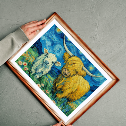 Highland Cow and Calf Puzzle 110/252/520/1014-piece | Van Gogh Starry Sky Style Jigsaw Puzzle The Puzzle Chest