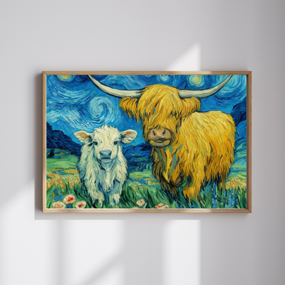 Highland Cow and Calf Puzzle 110/252/520/1014-piece | Van Gogh Starry Sky Style Jigsaw Puzzle The Puzzle Chest