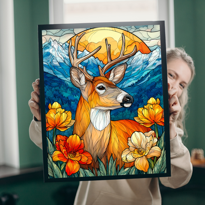 Stained Glass Deer Puzzle — Scenic Mountain & Wildflower Jigsaw (110–1014 pcs) Puzzle The Puzzle Chest