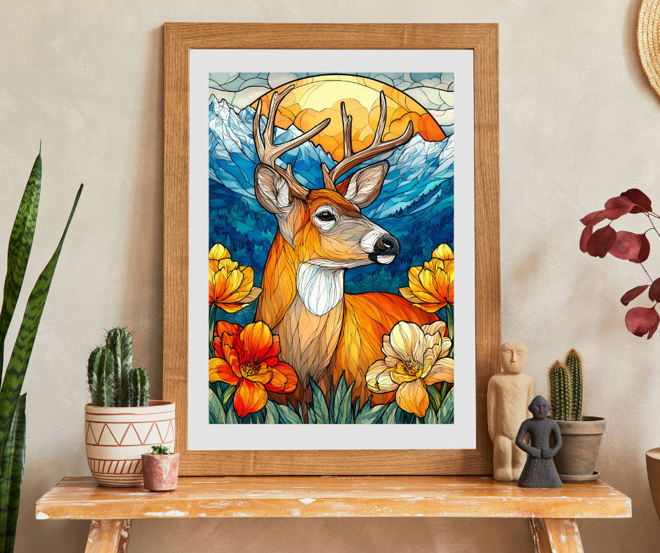 Stained Glass Deer Puzzle — Scenic Mountain & Wildflower Jigsaw (110–1014 pcs) Puzzle The Puzzle Chest