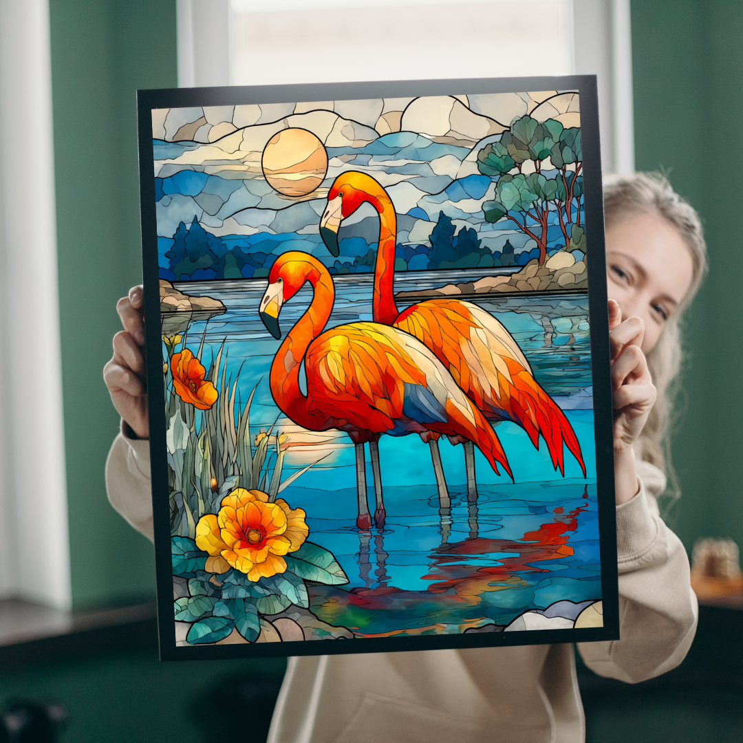 Stained Glass Style Flamingos Puzzle | 110/252/520/1014 Piece Bird Lover Jigsaw Puzzle The Puzzle Chest