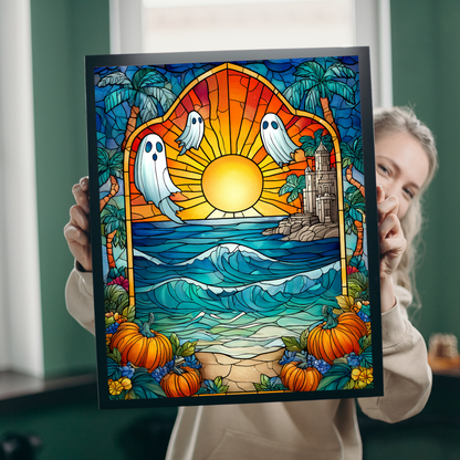 Stained Glass Style Sunset with Ghosts Puzzle | Ocean Waves, Pumpkins, Castle 110/252/520/1014-piece Puzzle The Puzzle Chest