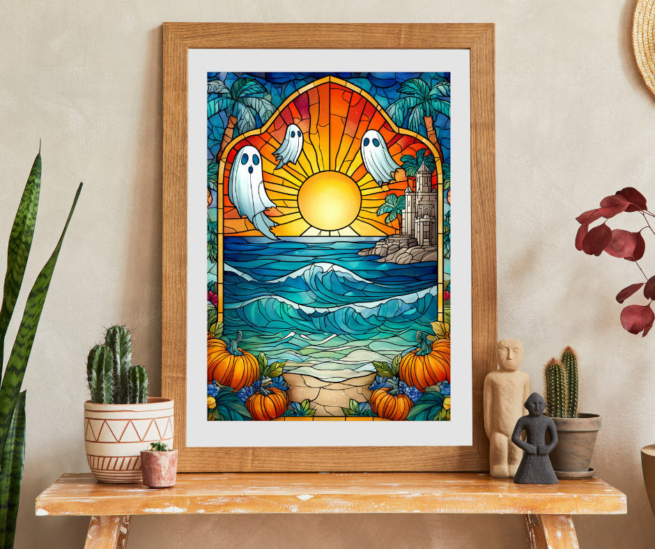 Stained Glass Style Sunset with Ghosts Puzzle | Ocean Waves, Pumpkins, Castle 110/252/520/1014-piece Puzzle The Puzzle Chest