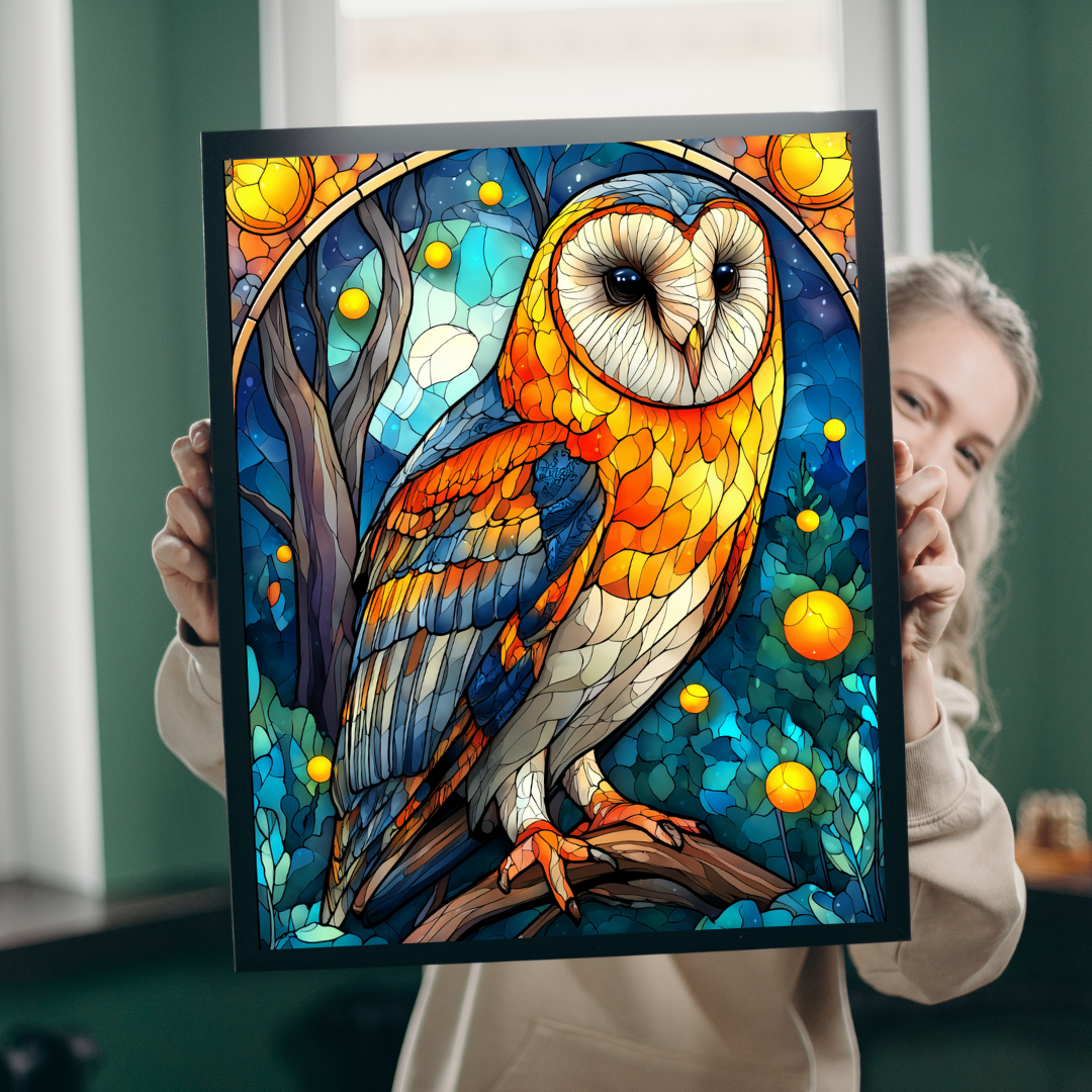 Colorful Barn Owl Stained Glass Style Puzzle | 110/252/520/1014-piece Wildlife Jigsaw Puzzle The Puzzle Chest