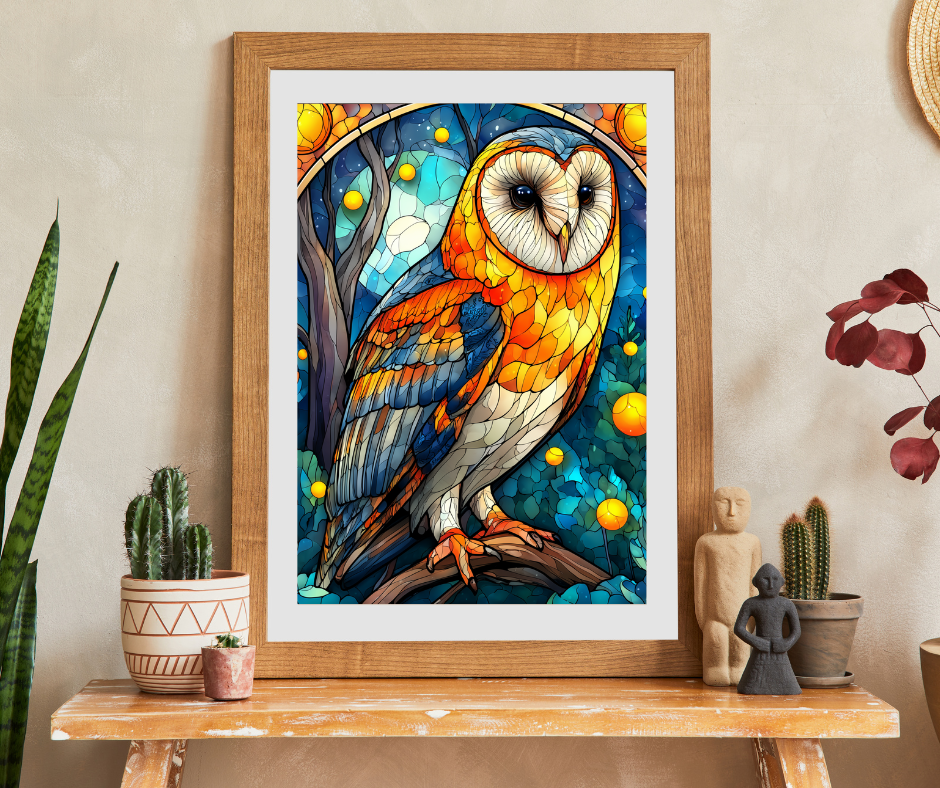 Colorful Barn Owl Stained Glass Style Puzzle | 110/252/520/1014-piece Wildlife Jigsaw Puzzle The Puzzle Chest