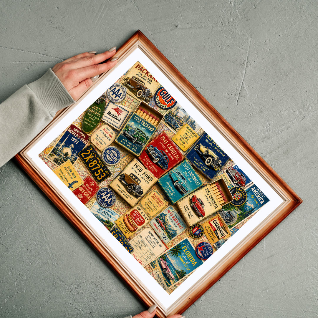 Vintage Car Matchbook Puzzle | Classic Automobile Memorabilia Jigsaw | Retro Road Trip Americana Motor Nostalgia Puzzle The Puzzle Chest