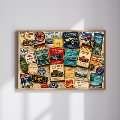 Vintage Car Matchbook Puzzle | Classic Automobile Memorabilia Jigsaw | Retro Road Trip Americana Motor Nostalgia Puzzle The Puzzle Chest