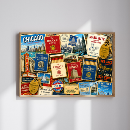 Vintage Chicago Matchbook Puzzle | Windy City Memorabilia Jigsaw | Historic Landmark Retro Midwest Nostalgia