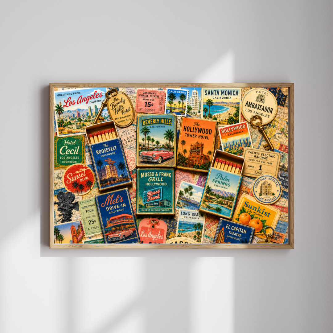 Vintage Los Angeles Matchbook Puzzle | Hollywood Memorabilia Jigsaw | California Landmark Retro LA Nostalgia