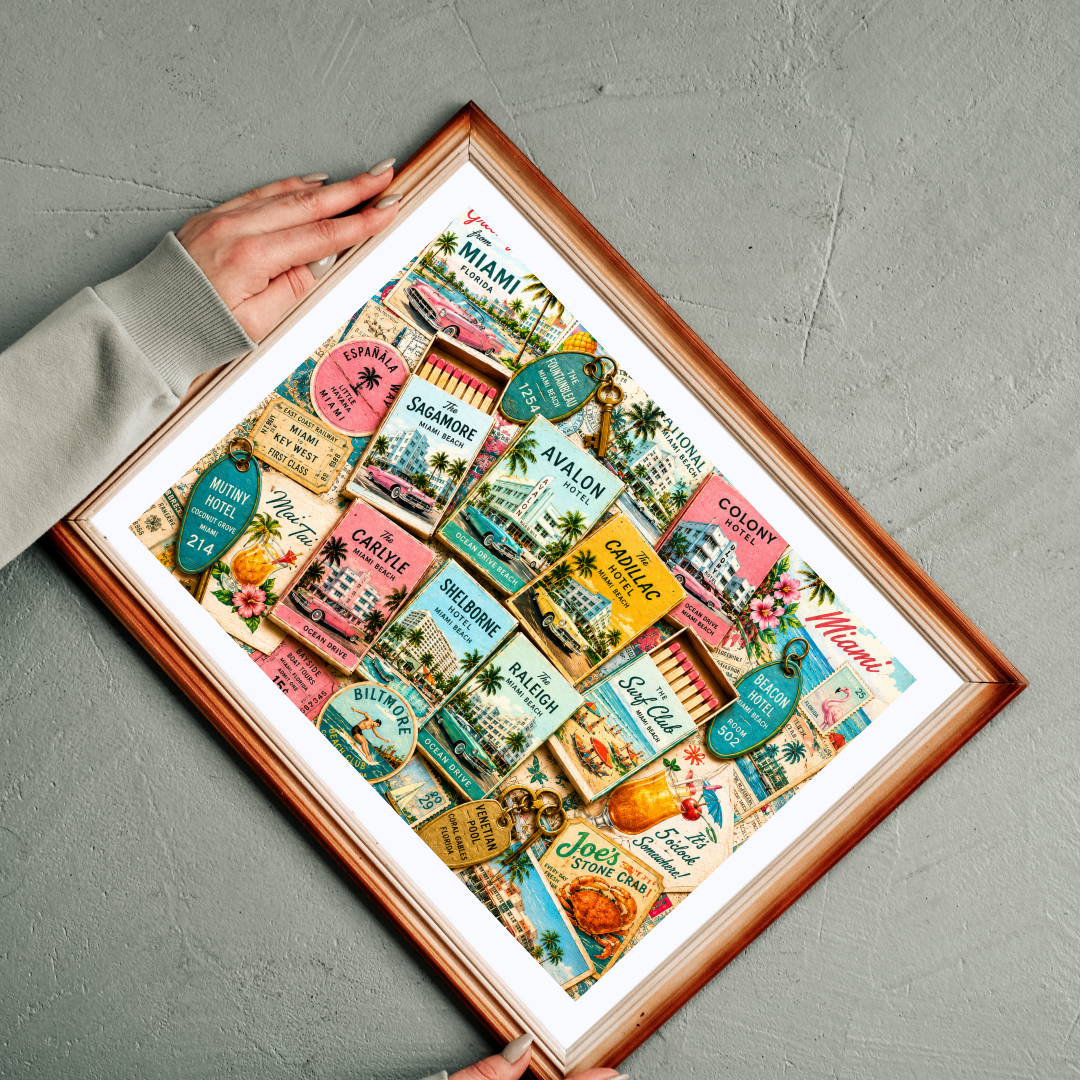 Vintage Miami Matchbook Puzzle | Art Deco Beach Memorabilia Jigsaw | Florida Coastal Tropical Travel Nostalgia