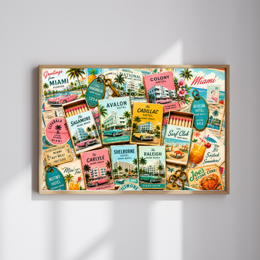 Vintage Miami Matchbook Puzzle | Art Deco Beach Memorabilia Jigsaw | Florida Coastal Tropical Travel Nostalgia