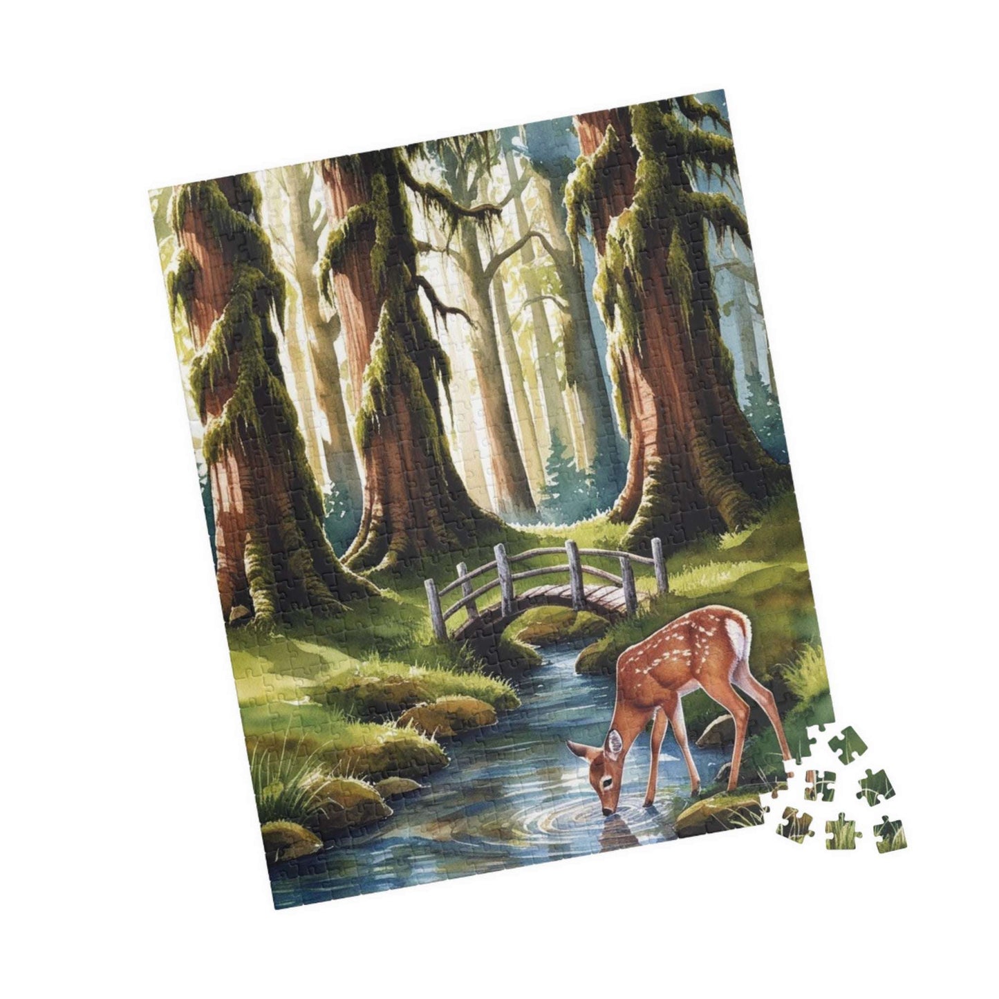 Forest Landscape Jigsaw Puzzle, Deer River Mossy Trees Wildlife Woodland Nature Game Night Family Activity Relaxing Mindfulness Unique Hobby Puzzle The Puzzle Chest