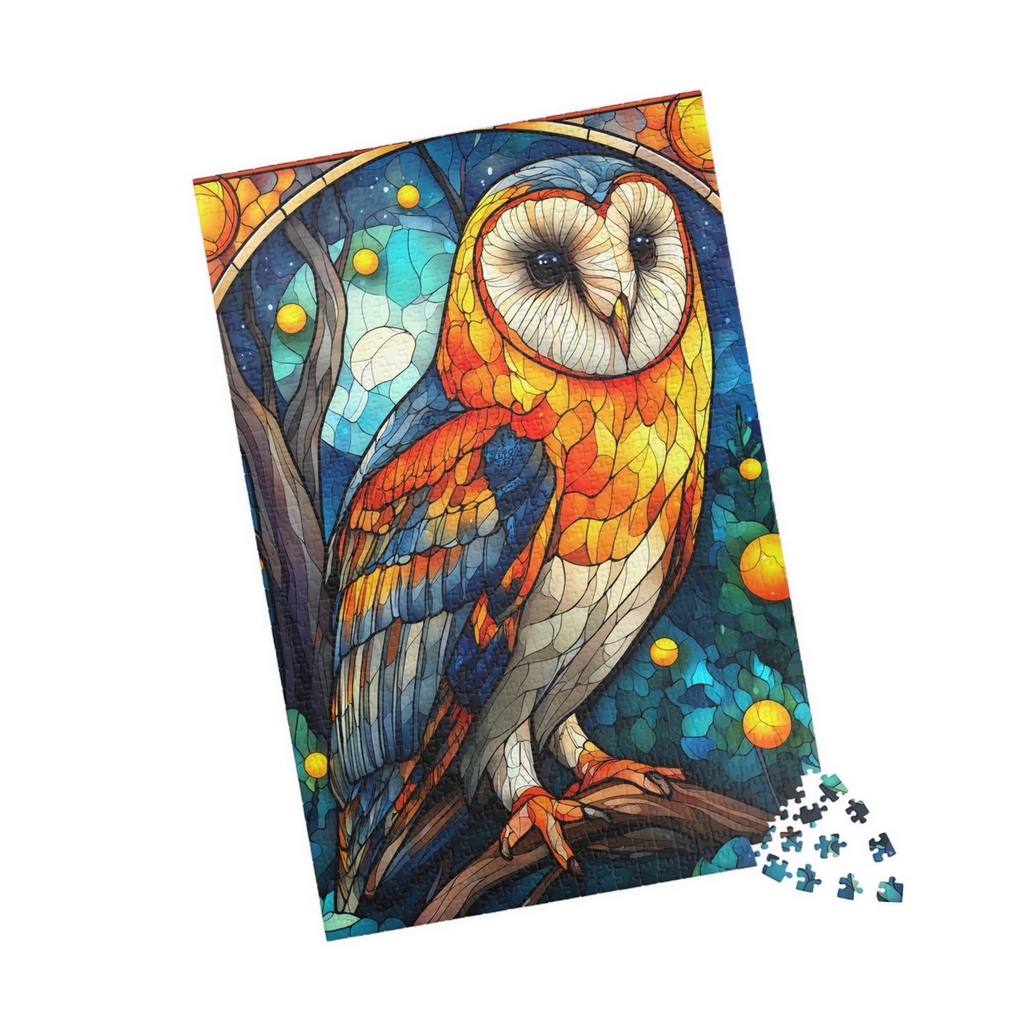 Colorful Barn Owl Stained Glass Style Puzzle | 110/252/520/1014-piece Wildlife Jigsaw 1014 pcs (Vertical) Puzzle The Puzzle Chest