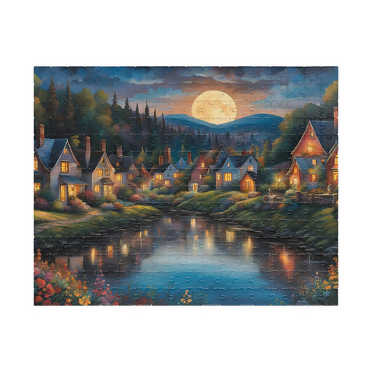 Nighttime Village Landscape Puzzle Gifted, Serene River, Moonlit Backdrop, 520 pcs, Adult, Relaxing Activity, Jigsaw Game, Holiday Present 252 pcs (Horizontal) The Puzzle Chest