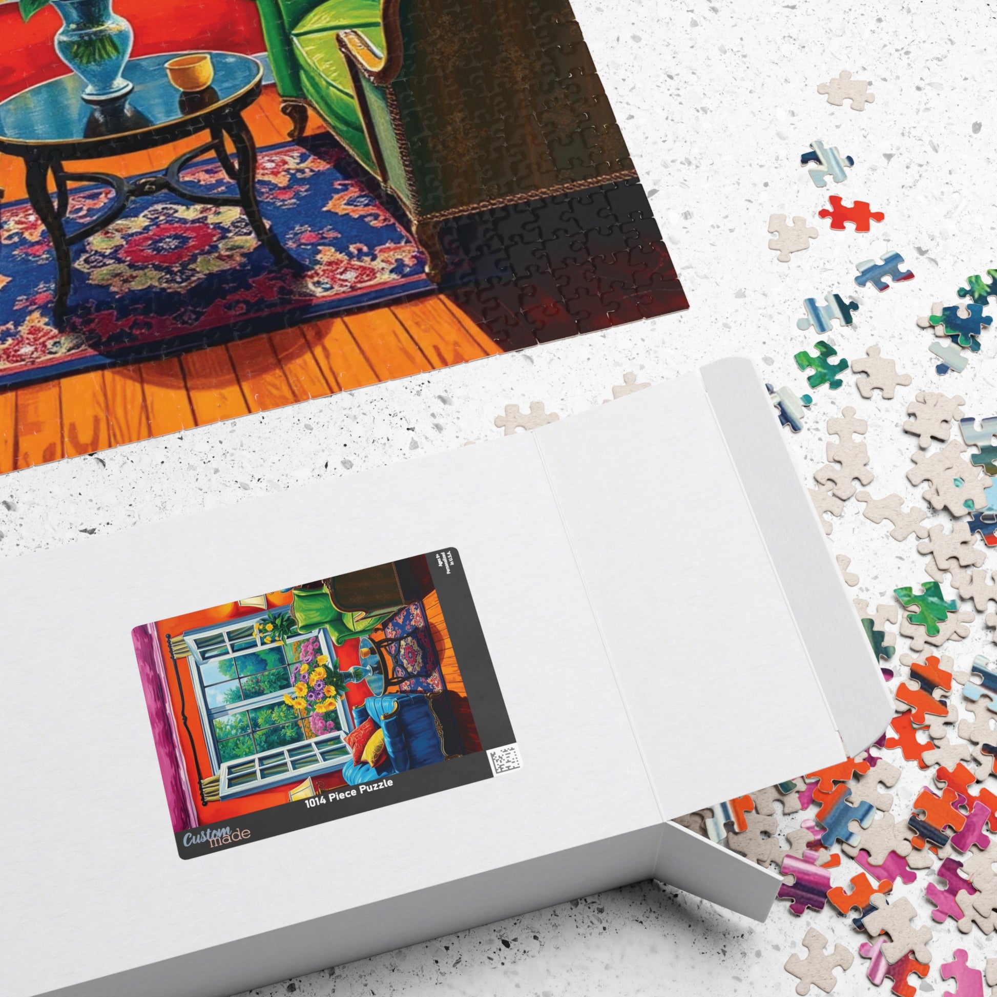 Jigsaw Puzzle, Vibrant Living Room Scene 110 252 520 1014-Piece, Red Orange Blue Green Yellow Purple Floral Wall Art Decor Game Toy, Gift Puzzle The Puzzle Chest