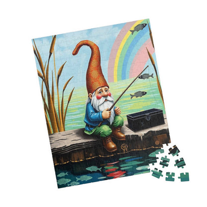 Gnome Fishing on Dock – Watercolor Dwarf Storybook Lakeside Jigsaw Puzzle 252 pcs (Vertical) Puzzle The Puzzle Chest