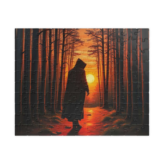 The Silent Passage Jigsaw Puzzle - Cloaked Figure Hollow Grove Eerie Sunset, Gothic Puzzle, Moody Landscape Puzzle, Dark Fantasy Art Puzzle 110 pcs (Horizontal) Puzzle The Puzzle Chest