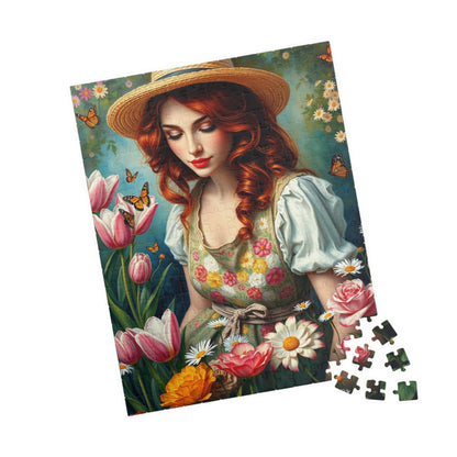 Jigsaw Puzzle, Woman Gardening Among Tulips, Daisies, Roses - 110, 252, 520, 1014-piece, Floral Apron, Straw Hat, Red Hair, Relaxing Puzzle The Puzzle Chest