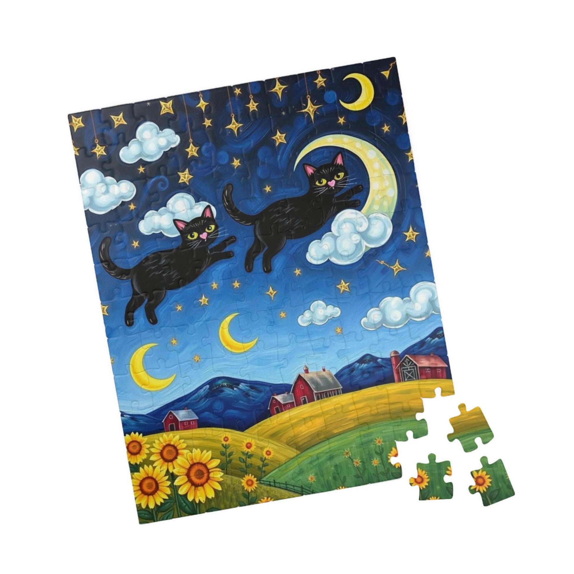 Starry Cat Chase Jigsaw Puzzle - Black Cats and Sunflowers, 110-1014 Piece Whimsical Cat Lover Gift, Brain Teaser Game, Indoor Hobby, Family