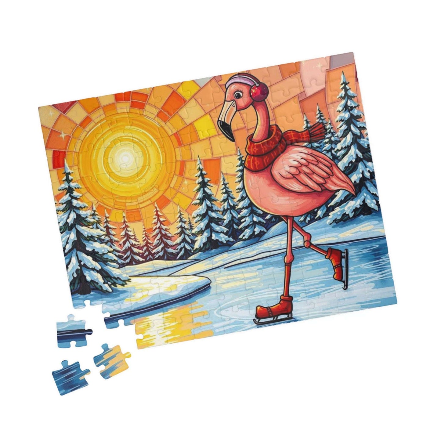 Skating Flamingo Winter Jigsaw Puzzle, Fun Family Activity, Best Birthday Gift for Bird Lovers, Unique Holiday Entertainment, Brain Teaser