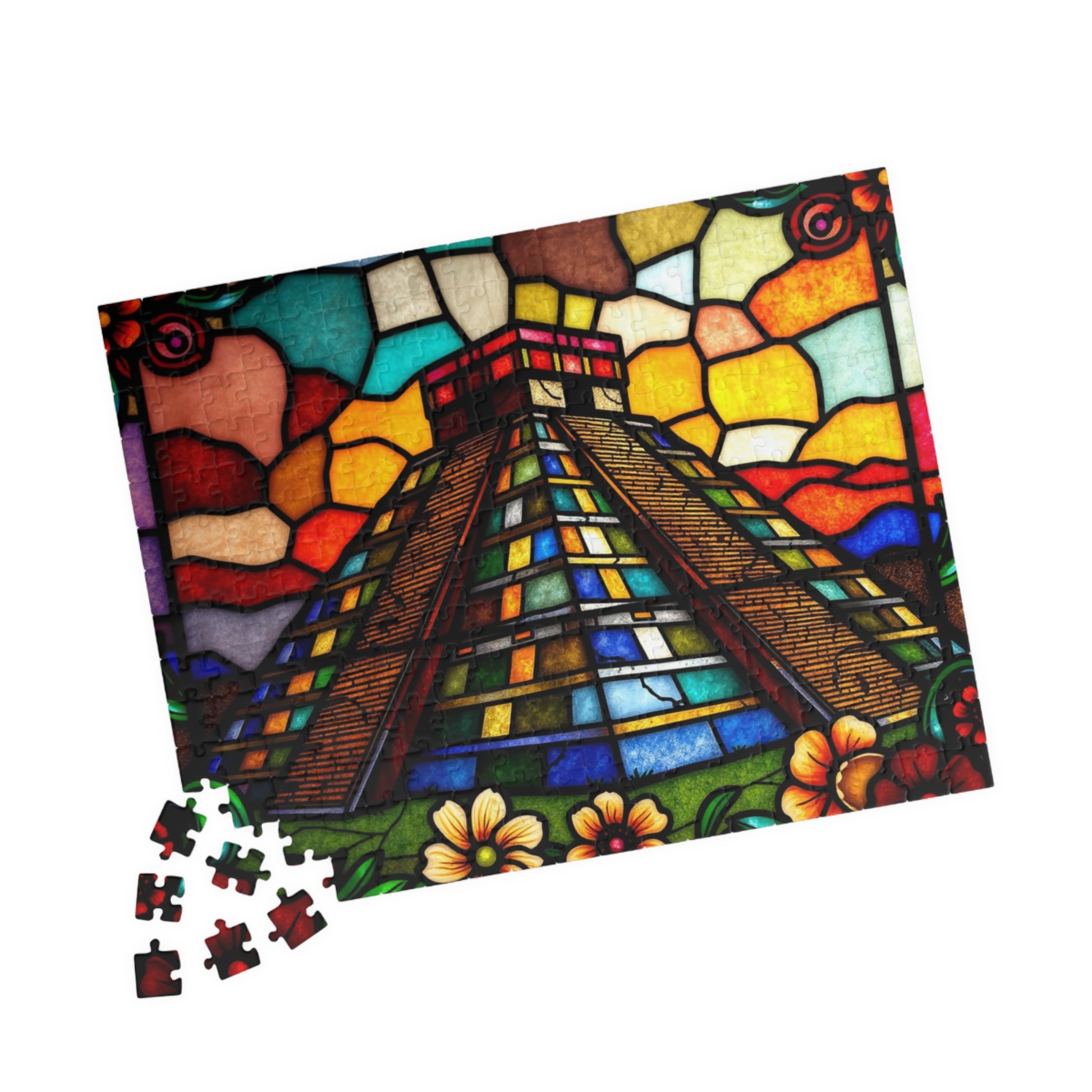 Stained Glass Chichen Itza Pyramid Jigsaw Puzzle, Historic Mayan Famous Landmark, Travel-Inspired Frameable Art Giftable Puzzle Puzzle The Puzzle Chest