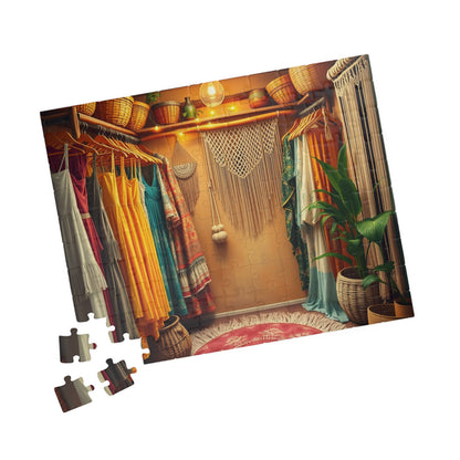 Boho Chic Closet Jigsaw Puzzle, Rustic Fashion Wardrobe with Dresses Plants and Accessories Game, Dreamy Womans Boutique, Puzzle Lover Gift
