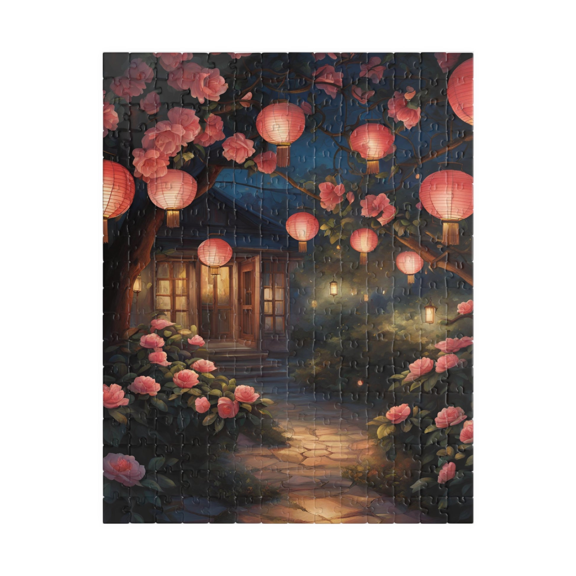 Cottage Landscape Jigsaw Puzzle, Nature-Inspired Floral Flower Design, Nighttime Lanterns and Camellias, Relaxing Hobby, Family Game Night 252 pcs (Vertical) Puzzle The Puzzle Chest