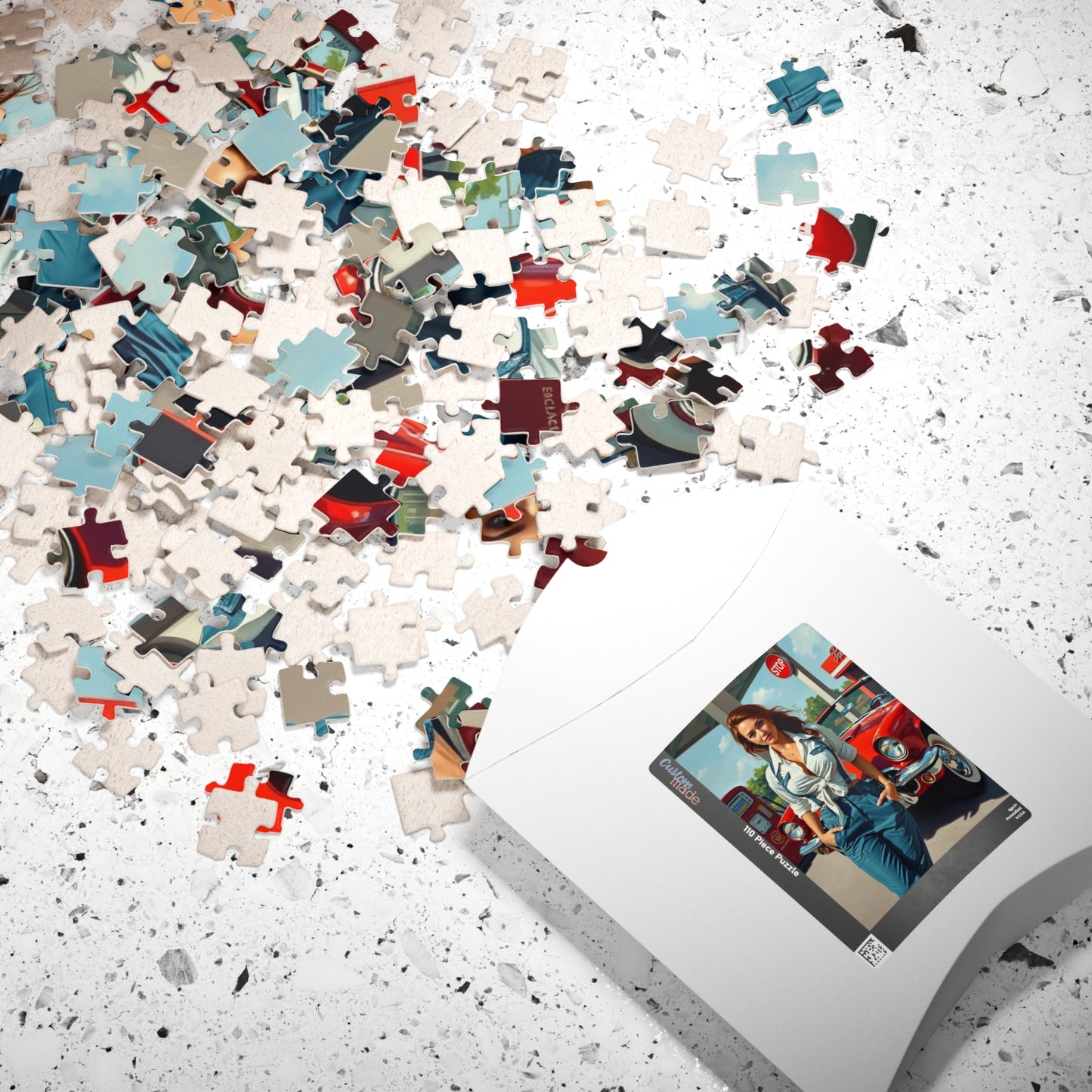 Puzzle, Vintage Mechanic Woman and Red Convertible, Jigsaw Game for Adults, Classic Car Puzzle, Retro Gas Station Image, Brain Teaser Gift Puzzle The Puzzle Chest