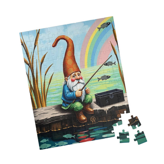 Gnome Fishing on Dock – Watercolor Dwarf Storybook Lakeside Jigsaw Puzzle 110 pcs (Vertical) Puzzle The Puzzle Chest