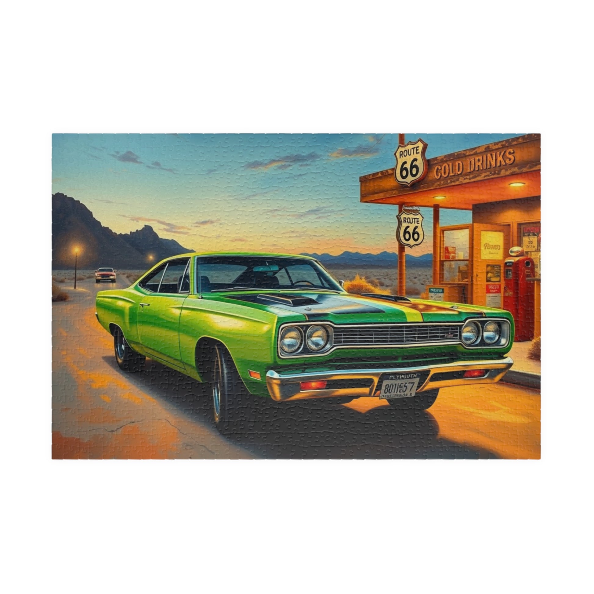 Vintage Route 66 Car Jigsaw Puzzle, Lime Green 1969 Plymouth Road Runner Nostalgic Gift for Car Lovers, Family Fun, Automobile Enthusiasts 1014 pcs (Horizontal) Puzzle The Puzzle Chest