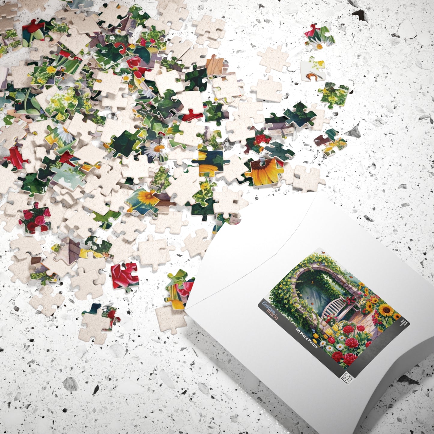 Jigsaw Puzzle, Flower Garden Mosaic Puzzle, Roses Tulips Daisies Sunflowers, Wooden Bench Ivy Butterflies, 110 252 520 1014 pieces, Gift for Puzzle The Puzzle Chest