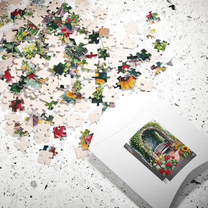 Jigsaw Puzzle, Flower Garden Mosaic Puzzle, Roses Tulips Daisies Sunflowers, Wooden Bench Ivy Butterflies, 110 252 520 1014 pieces, Gift for Puzzle The Puzzle Chest