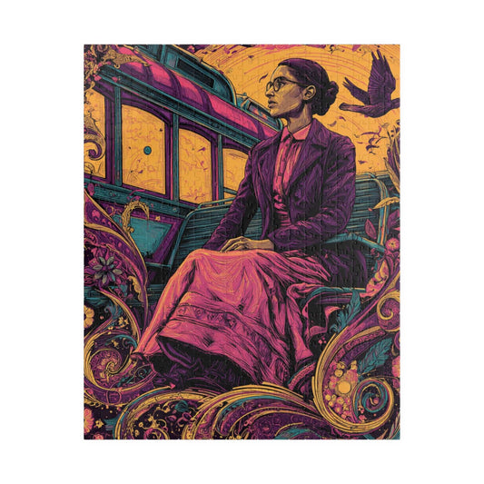Rosa Parks Afrocentric Jigsaw Puzzle - Civil Rights Historical Black Figure Art with Ornate Floral Motifs and Bus Scene, Black Woman Art Puzzle The Puzzle Chest