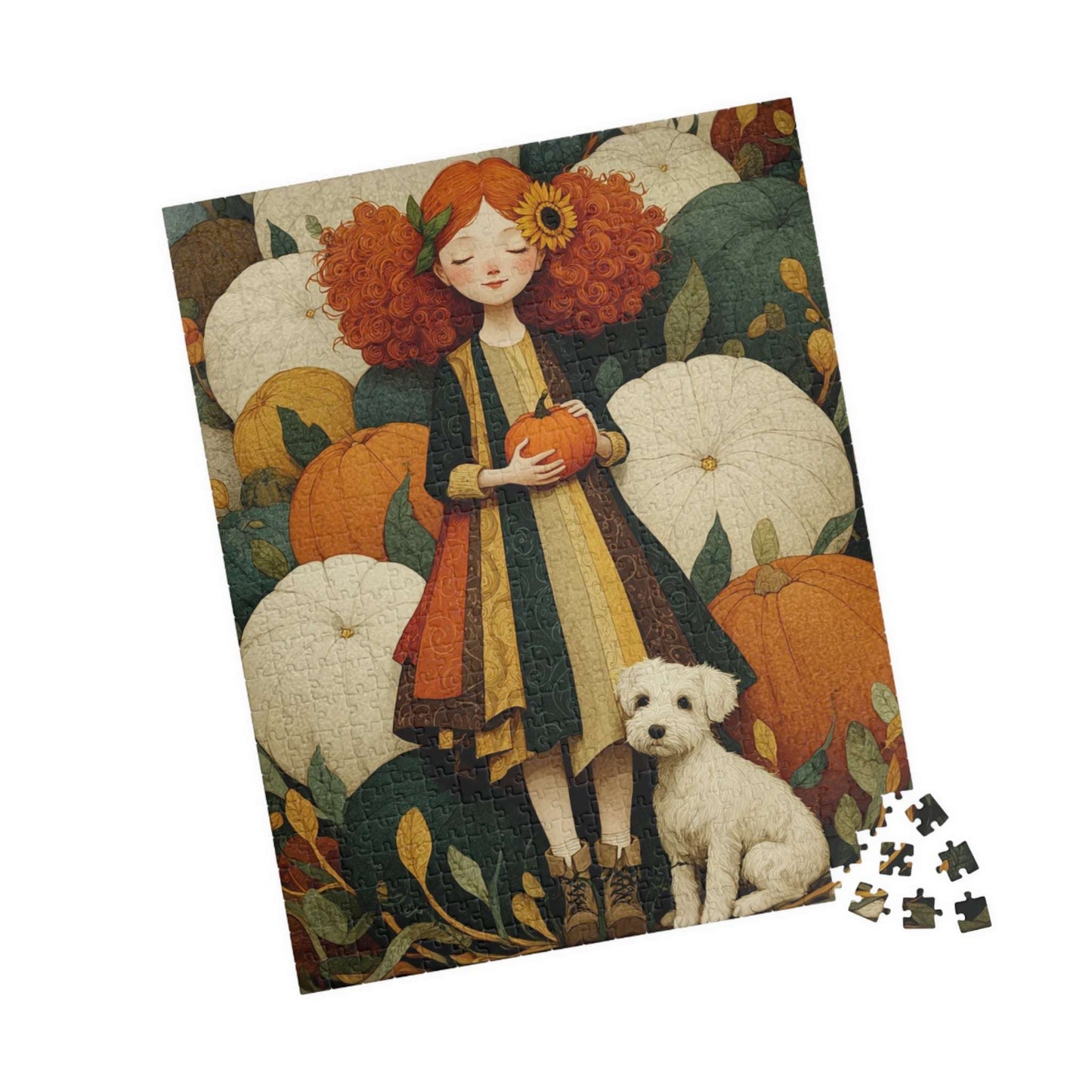 Red-Haired Girl and White Terrier in a Storybook Pumpkin Patch Fairy-Tale Jigsaw Puzzle 520 pcs (Vertical) Puzzle The Puzzle Chest