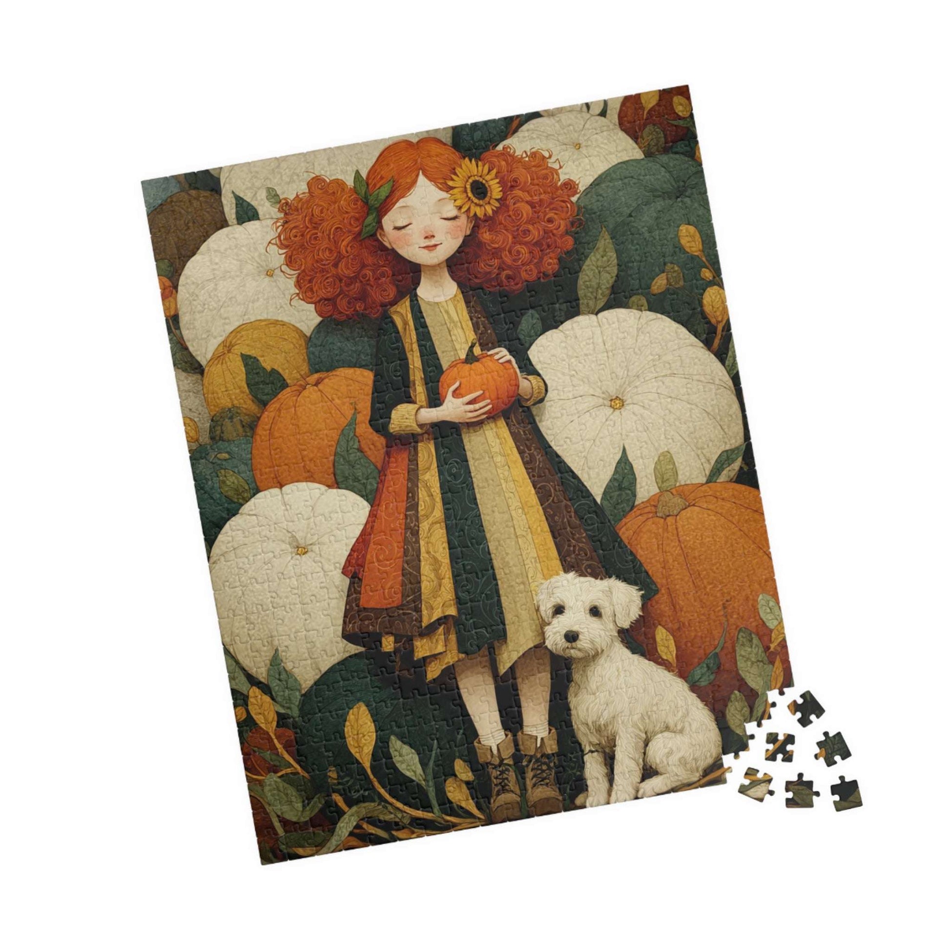 Red-Haired Girl and White Terrier in a Storybook Pumpkin Patch Fairy-Tale Jigsaw Puzzle 520 pcs (Vertical) Puzzle The Puzzle Chest