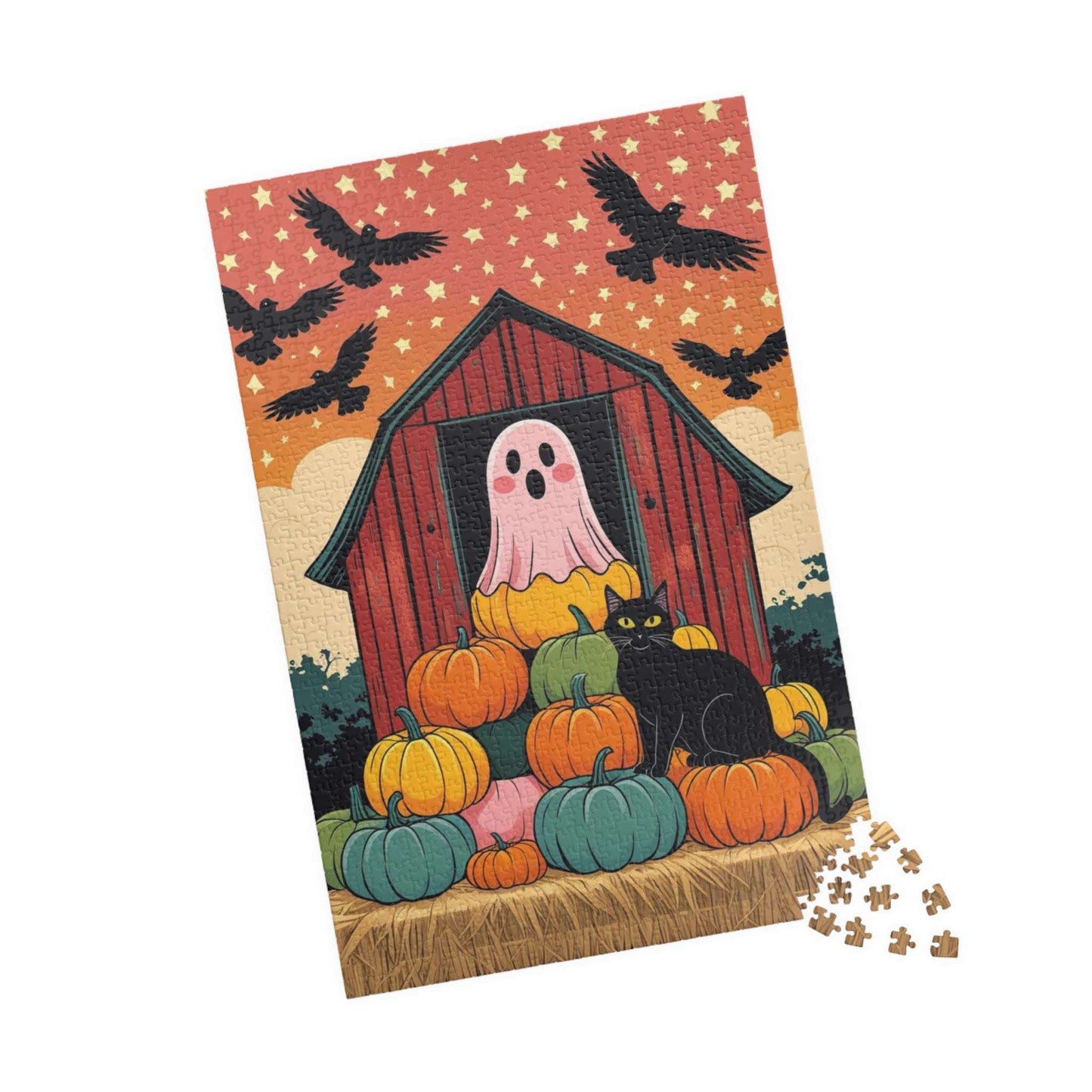 Haunted Barn Halloween Jigsaw Puzzle - Ghost, Cat and Pumpkin Barnyard Scene